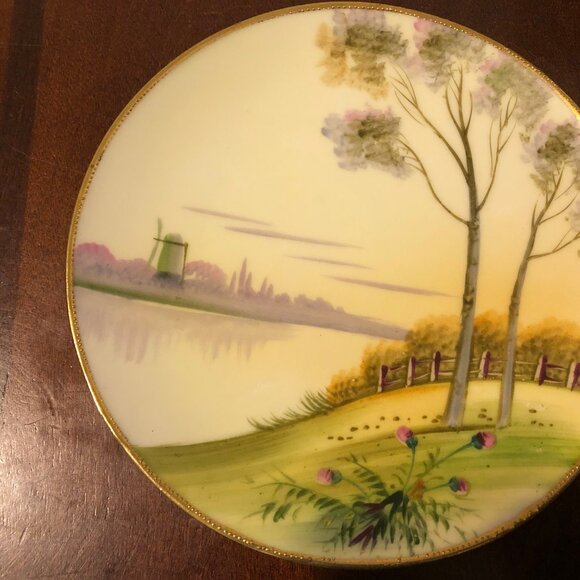 Vintage hand painted japan plates landscape lake side set of two 6.25" gold rim - Picture 2 of 8